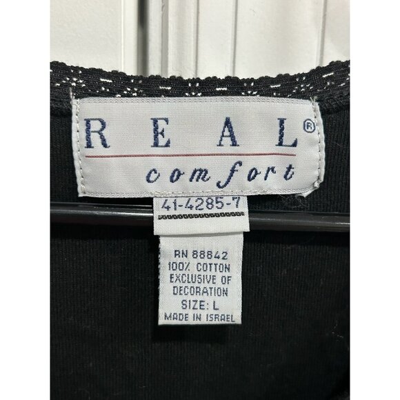 Real Comfort Lace Trim Tank Top Black Sz Large Scoop Neck Sleeveless Knit Cotton - Picture 5 of 9